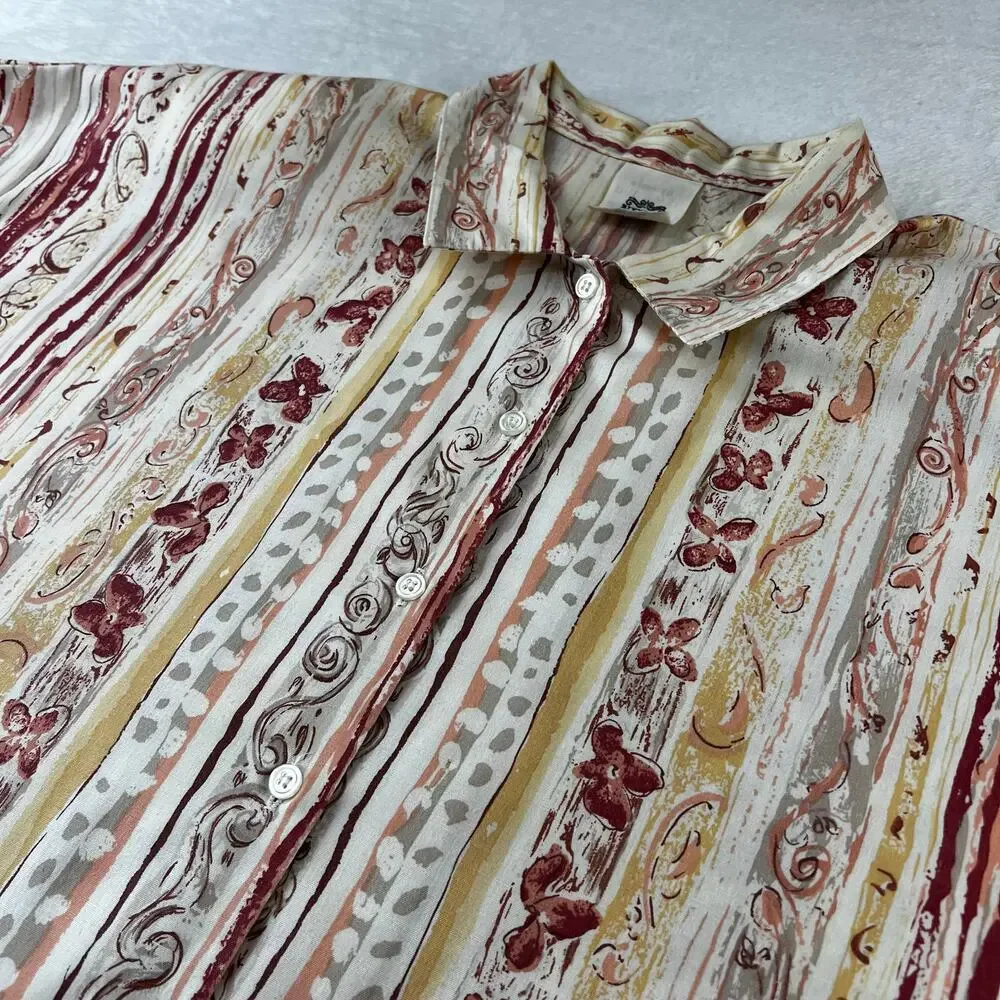 Nikki Vintage Women's Button Down Blouse Floral Stripe Tan Maroon Size 11/12